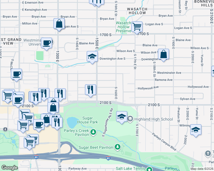 map of restaurants, bars, coffee shops, grocery stores, and more near 1562 Ramona Avenue in Salt Lake City