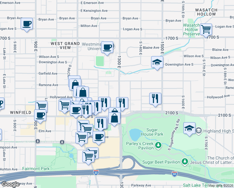 map of restaurants, bars, coffee shops, grocery stores, and more near 1945 South 1300 East in Salt Lake City