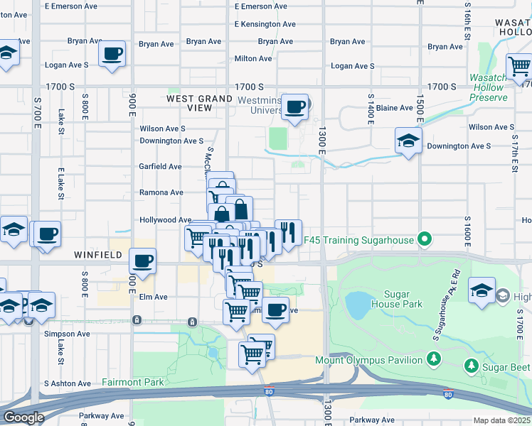 map of restaurants, bars, coffee shops, grocery stores, and more near 1150 Ramona Avenue in Salt Lake City