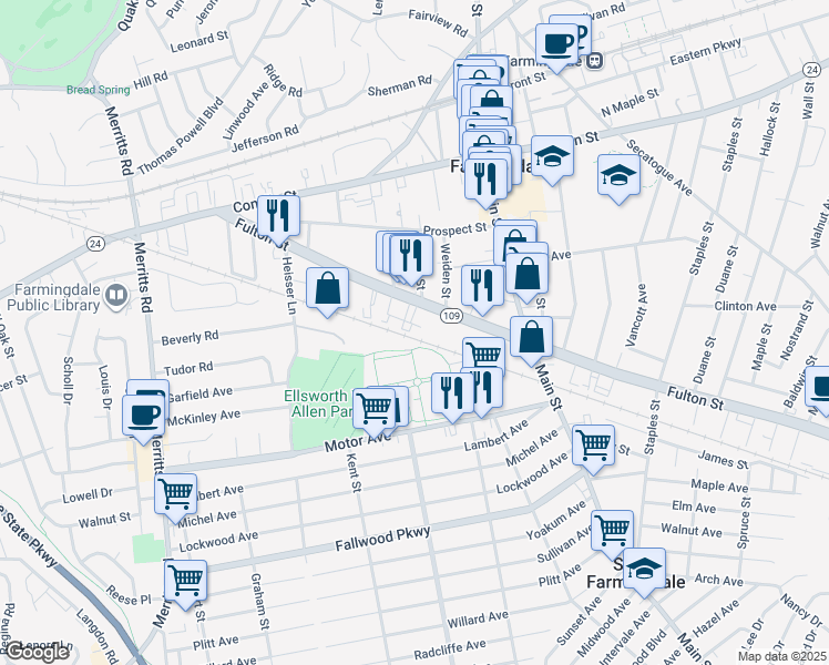 map of restaurants, bars, coffee shops, grocery stores, and more near 16 Gwynne Lane in Farmingdale