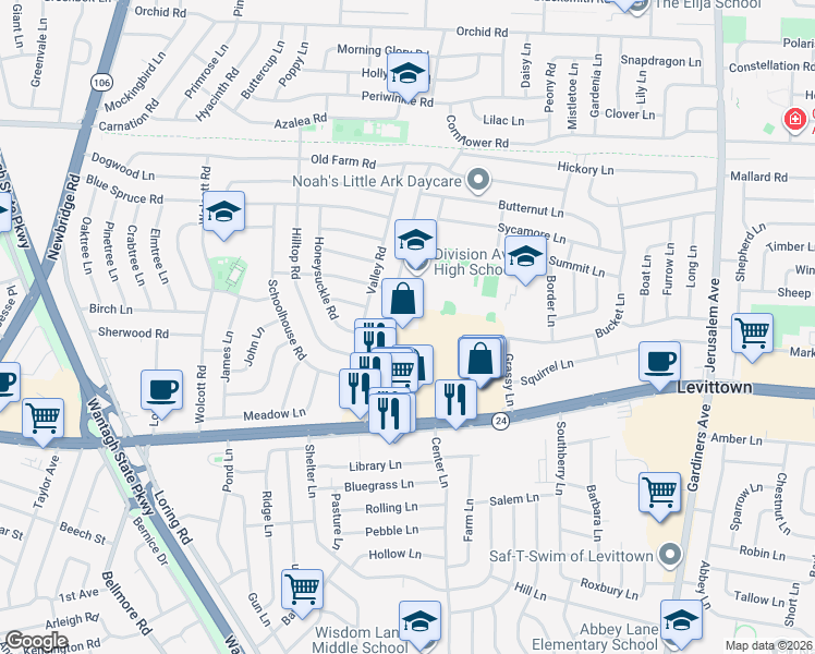 map of restaurants, bars, coffee shops, grocery stores, and more near 117 Division Avenue in Levittown