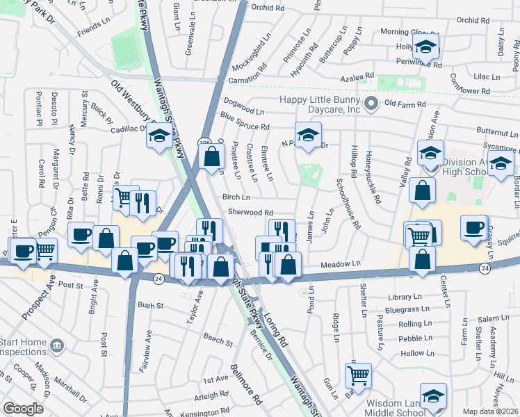 map of restaurants, bars, coffee shops, grocery stores, and more near 44 Birch Lane in Levittown
