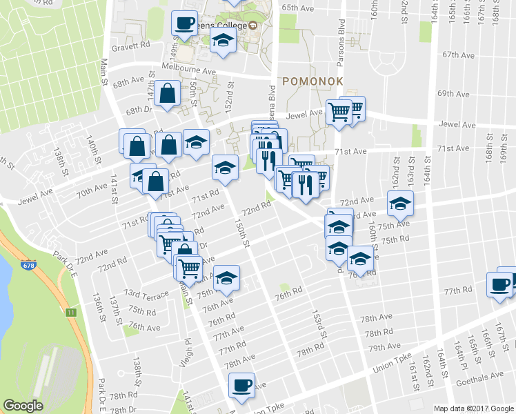 map of restaurants, bars, coffee shops, grocery stores, and more near 15025 72nd Road in Queens