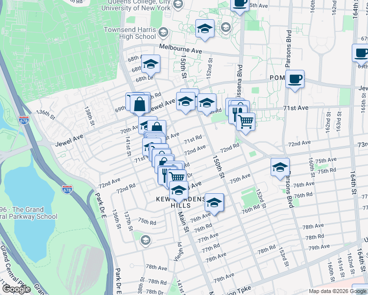 map of restaurants, bars, coffee shops, grocery stores, and more near 14716 71st Road in Queens