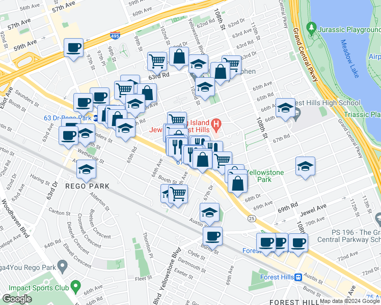 map of restaurants, bars, coffee shops, grocery stores, and more near 99-32 66th Road in Queens