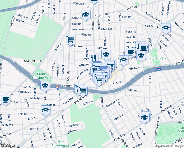 map of restaurants, bars, coffee shops, grocery stores, and more near 5436B 69th Street in Queens