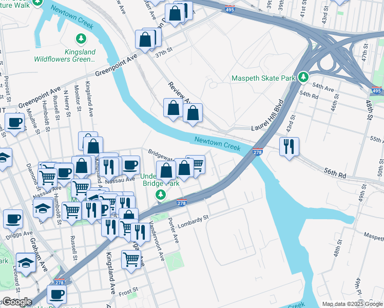 map of restaurants, bars, coffee shops, grocery stores, and more near 927 Meeker Ave in Brooklyn