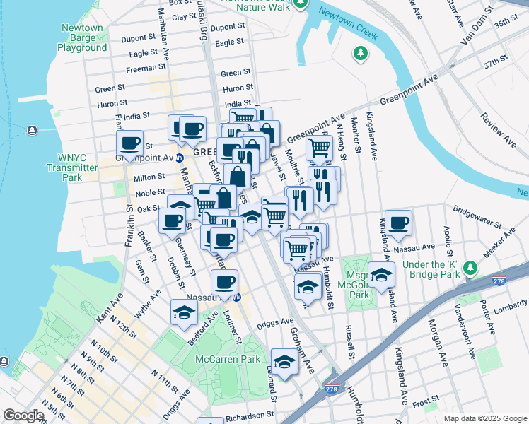 map of restaurants, bars, coffee shops, grocery stores, and more near 167 Diamond Street in Brooklyn
