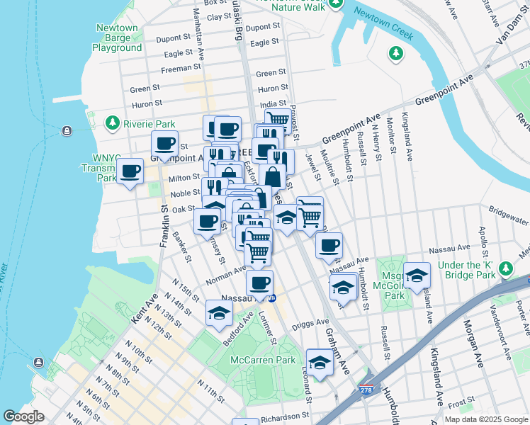 map of restaurants, bars, coffee shops, grocery stores, and more near 257 Eckford Street in Brooklyn