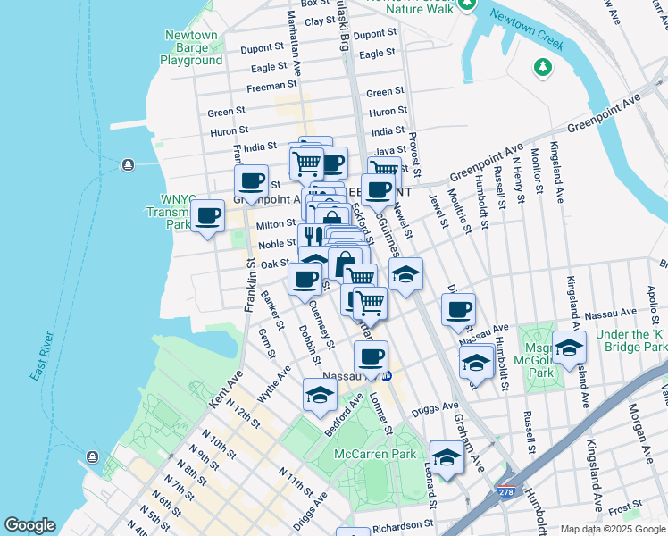 map of restaurants, bars, coffee shops, grocery stores, and more near 802 Manhattan Avenue in Brooklyn