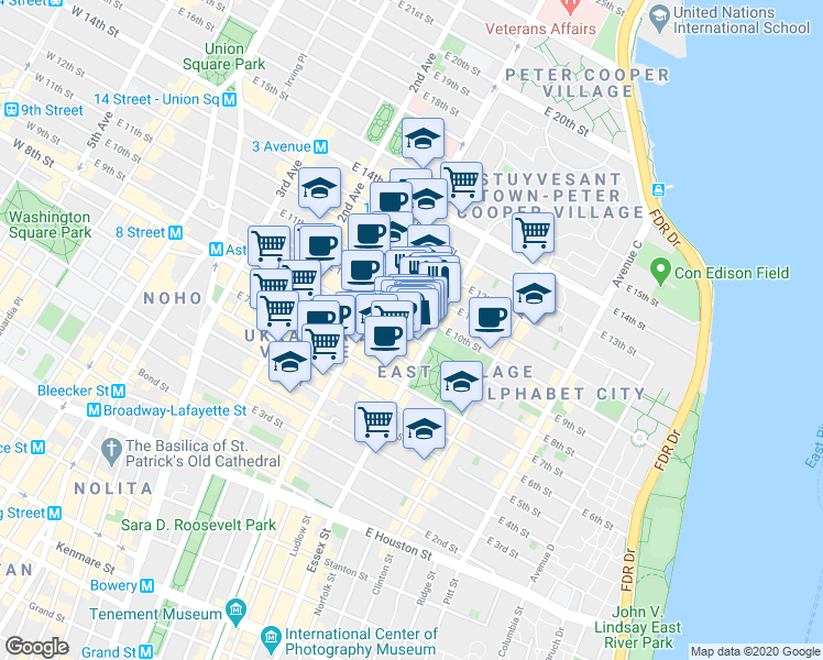 map of restaurants, bars, coffee shops, grocery stores, and more near in New York