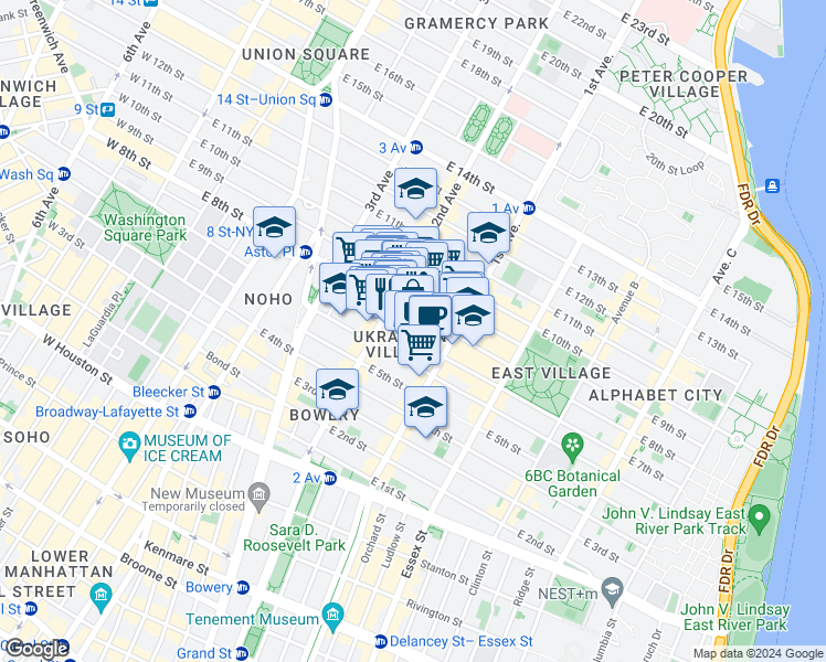 map of restaurants, bars, coffee shops, grocery stores, and more near 122 2nd Avenue in New York