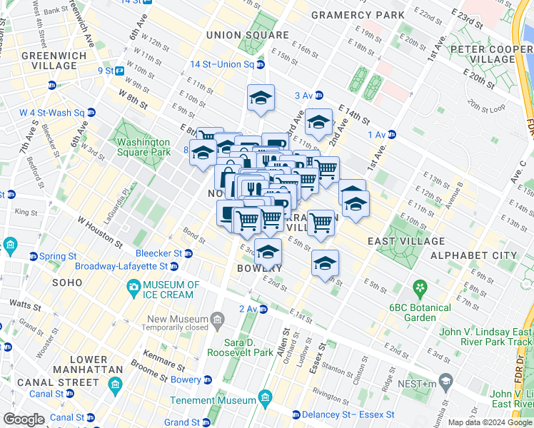 map of restaurants, bars, coffee shops, grocery stores, and more near 31 Cooper Square in New York