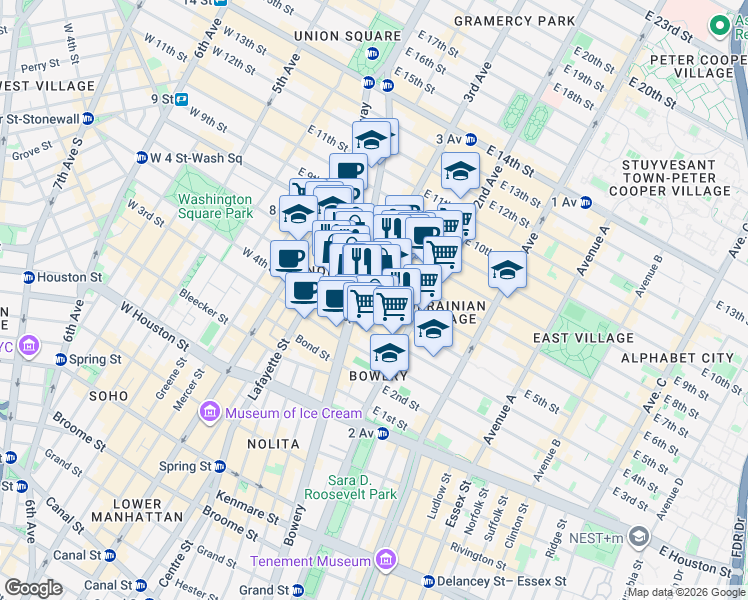 map of restaurants, bars, coffee shops, grocery stores, and more near 31 Cooper Square in New York