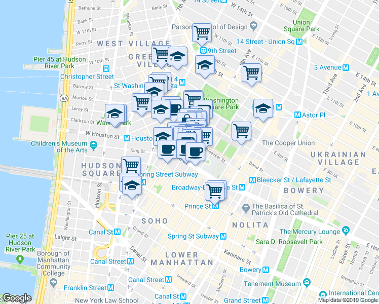 map of restaurants, bars, coffee shops, grocery stores, and more near 145 Bleecker Street in New York