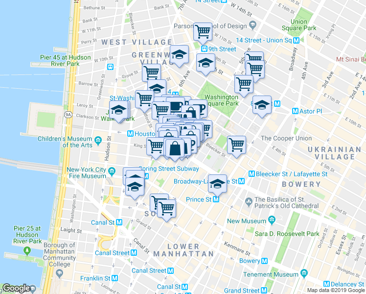 map of restaurants, bars, coffee shops, grocery stores, and more near 171 Sullivan Street in New York