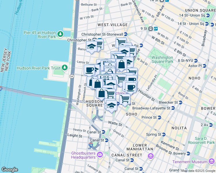map of restaurants, bars, coffee shops, grocery stores, and more near in New York