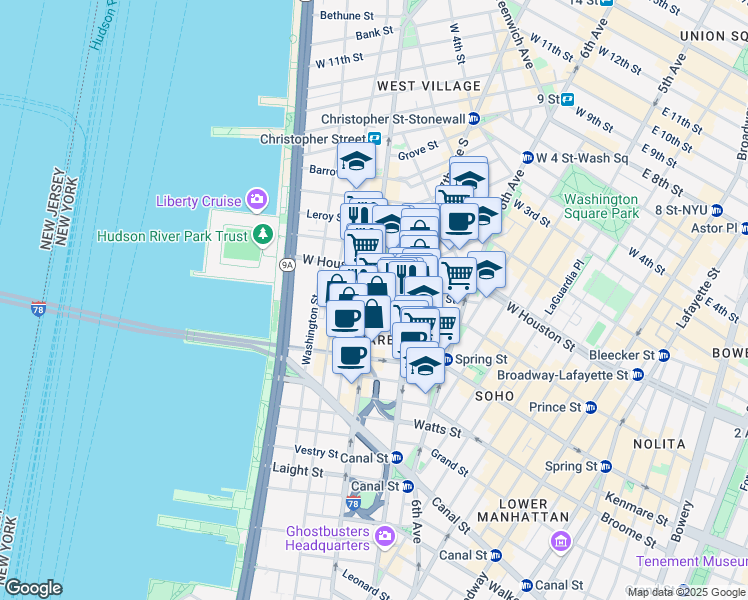 map of restaurants, bars, coffee shops, grocery stores, and more near 375 Hudson Street in New York