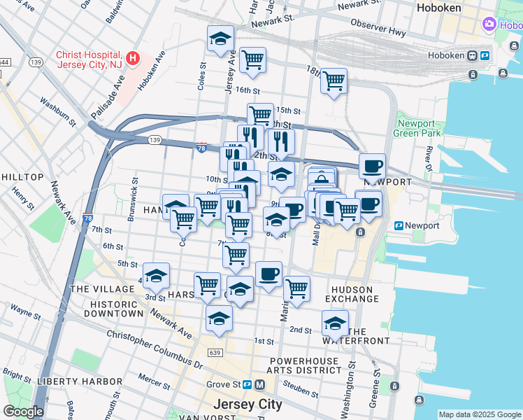 map of restaurants, bars, coffee shops, grocery stores, and more near 514 Manila Avenue in Jersey City