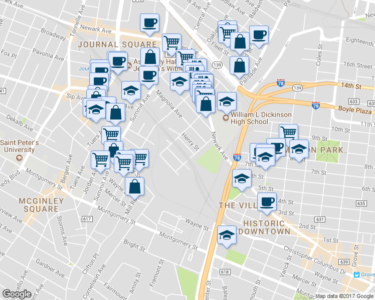 map of restaurants, bars, coffee shops, grocery stores, and more near 11 Henry Street in Jersey City