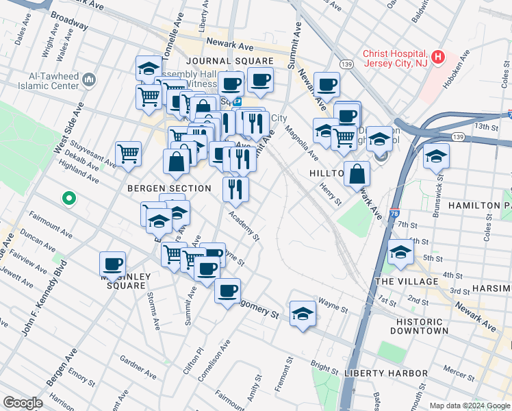 map of restaurants, bars, coffee shops, grocery stores, and more near 173 Baldwin Avenue in Jersey City
