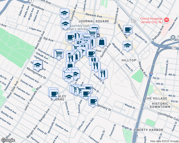 map of restaurants, bars, coffee shops, grocery stores, and more near 221 Academy Street in Jersey City