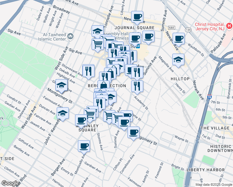 map of restaurants, bars, coffee shops, grocery stores, and more near 86 Tuers Avenue in Jersey City