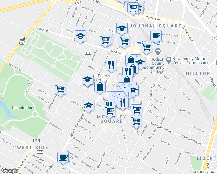 map of restaurants, bars, coffee shops, grocery stores, and more near 2684 John F. Kennedy Boulevard in Jersey City