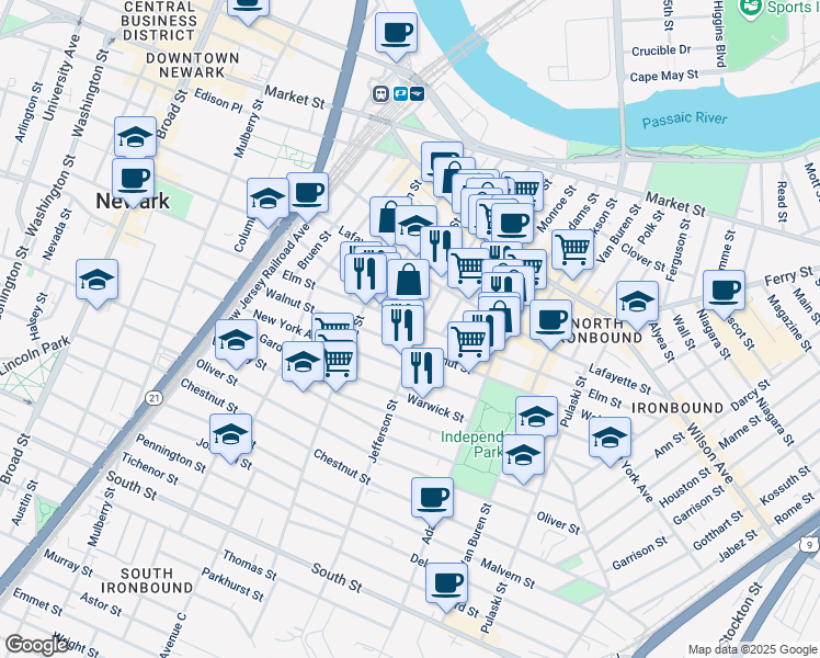map of restaurants, bars, coffee shops, grocery stores, and more near 148 Jefferson Street in Newark