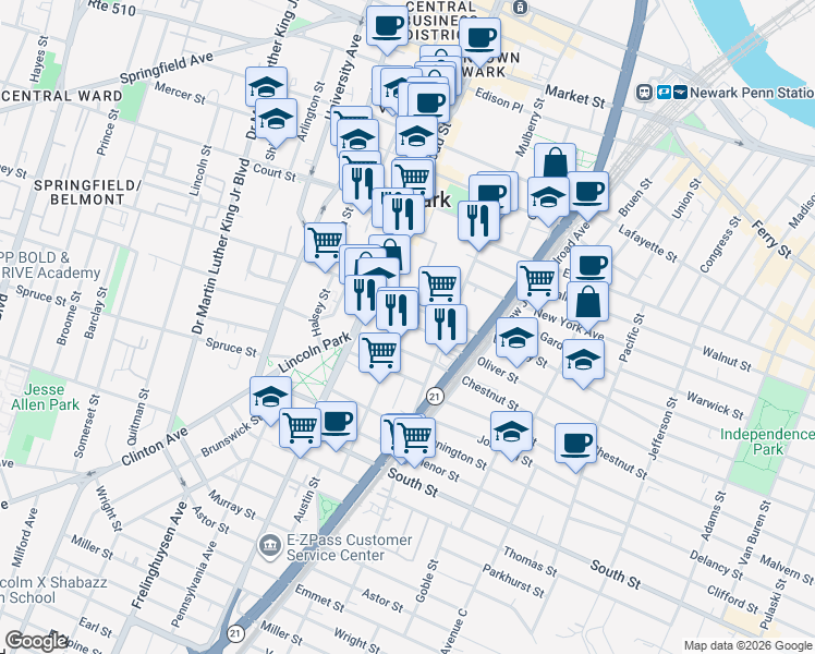 map of restaurants, bars, coffee shops, grocery stores, and more near 61-69 Orchard Street in Newark