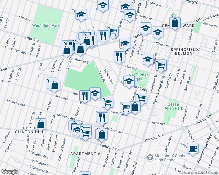 map of restaurants, bars, coffee shops, grocery stores, and more near 217 Rose Street in Newark
