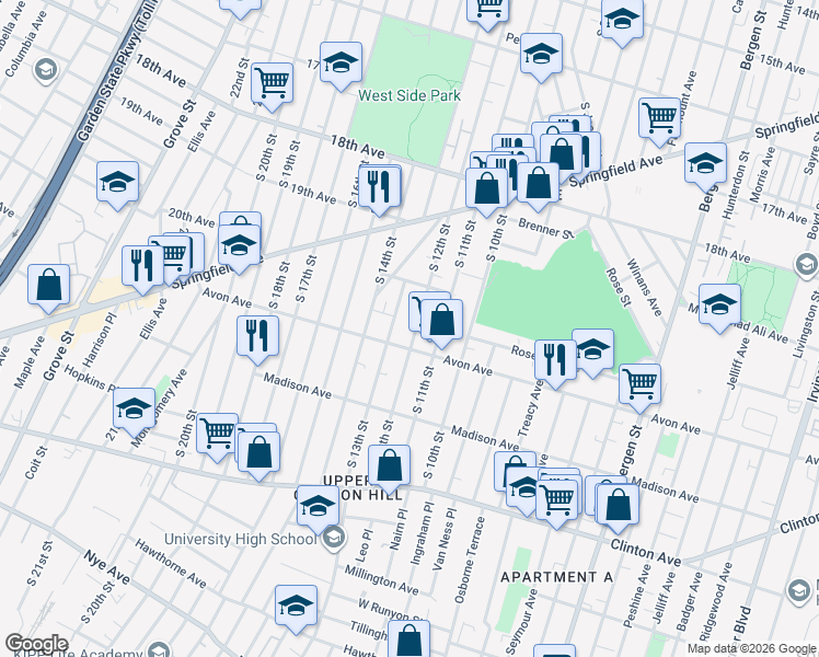 map of restaurants, bars, coffee shops, grocery stores, and more near 739 South 12th Street in Newark