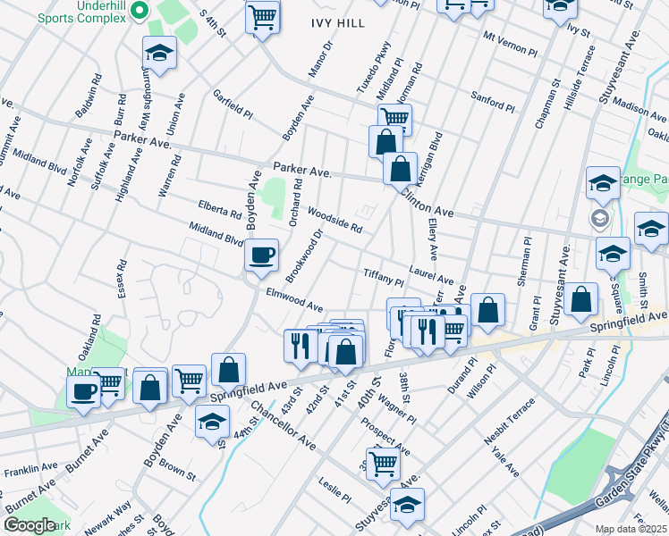 map of restaurants, bars, coffee shops, grocery stores, and more near 98 Tiffany Place in Maplewood