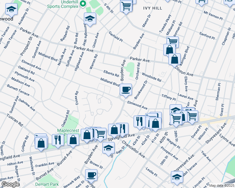 map of restaurants, bars, coffee shops, grocery stores, and more near 99 Boyden Avenue in Maplewood