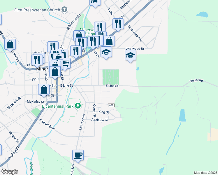 map of restaurants, bars, coffee shops, grocery stores, and more near 507 East Line Street in Minerva