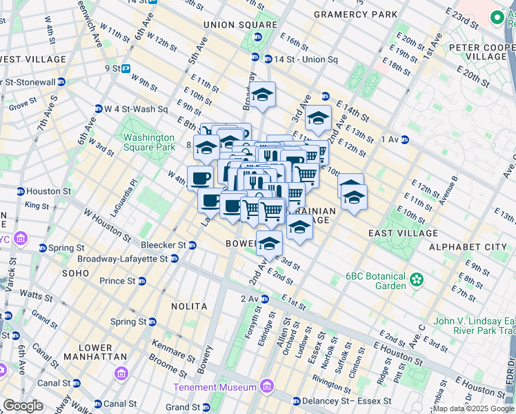 map of restaurants, bars, coffee shops, grocery stores, and more near 31 Cooper Square in New York