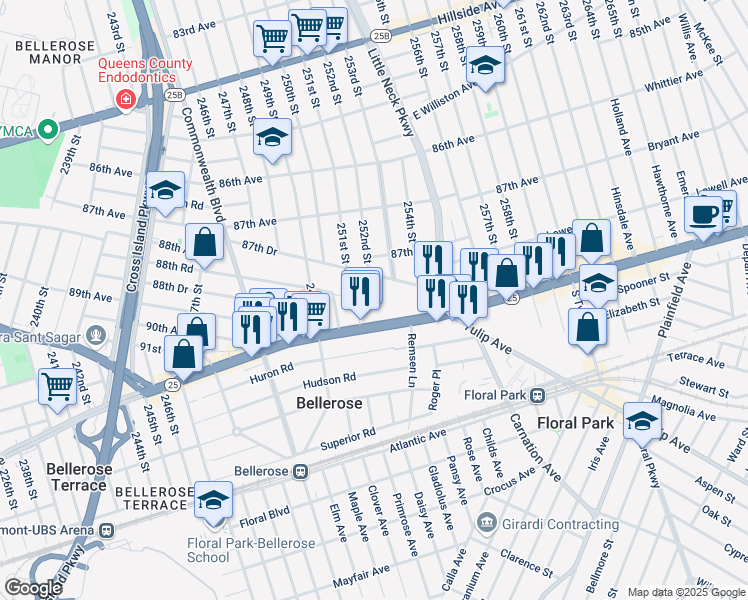 map of restaurants, bars, coffee shops, grocery stores, and more near 253-04 87th Drive in Queens