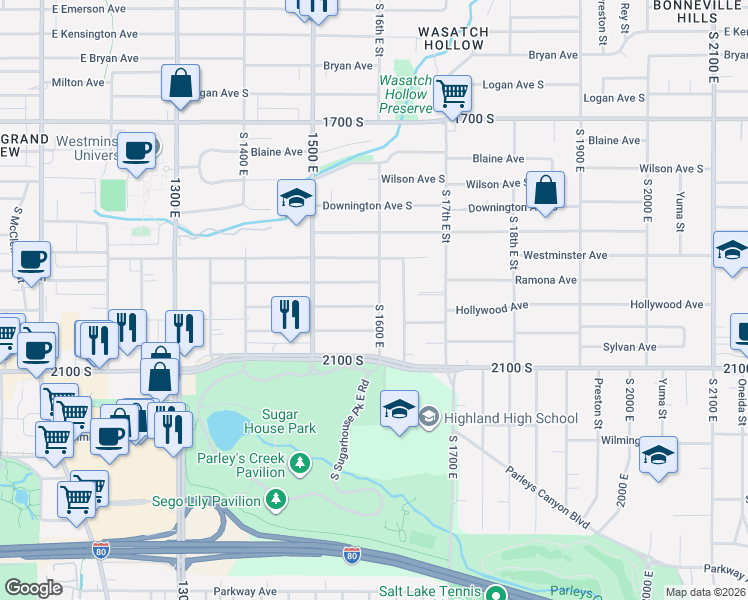 map of restaurants, bars, coffee shops, grocery stores, and more near 1950 South 1600 East in Salt Lake City