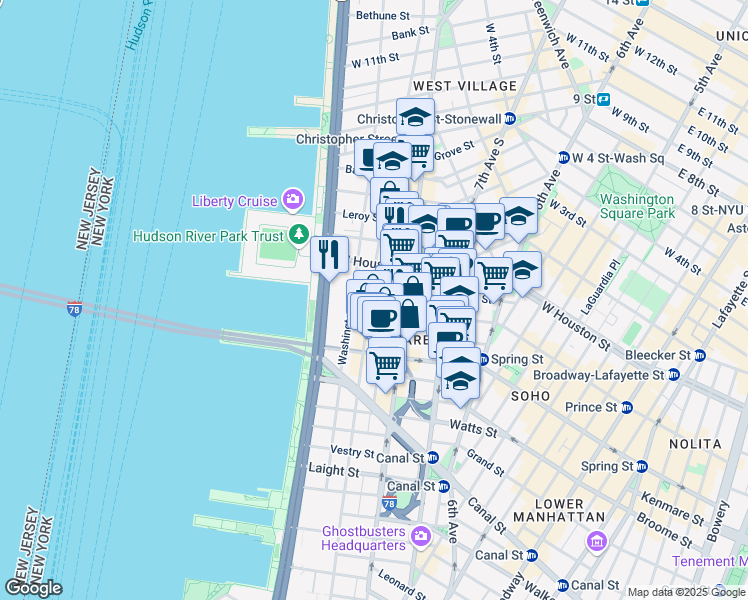 map of restaurants, bars, coffee shops, grocery stores, and more near 555 Greenwich Street in New York