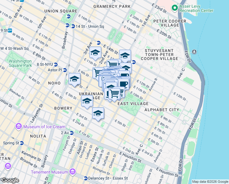 map of restaurants, bars, coffee shops, grocery stores, and more near 416 East 9th Street in New York