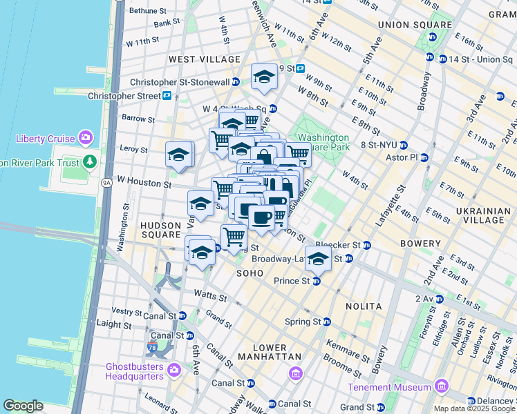 map of restaurants, bars, coffee shops, grocery stores, and more near W Houston St & Sullivan St in New York