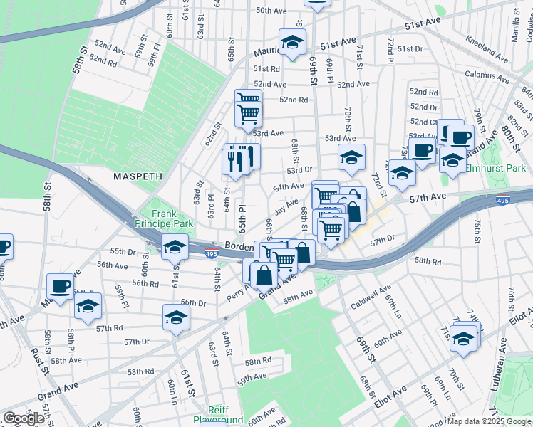 map of restaurants, bars, coffee shops, grocery stores, and more near 54-40 66th Street in Queens