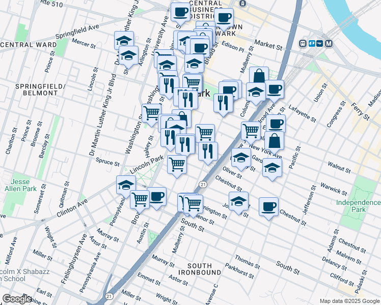 map of restaurants, bars, coffee shops, grocery stores, and more near 61-69 Orchard Street in Newark