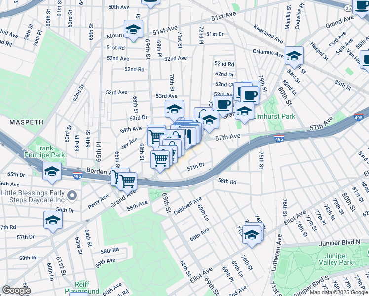 map of restaurants, bars, coffee shops, grocery stores, and more near 7009 Grand Avenue in Queens