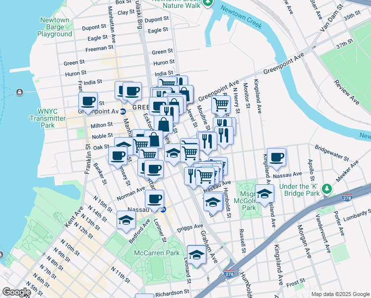 map of restaurants, bars, coffee shops, grocery stores, and more near 167 Diamond Street in Brooklyn