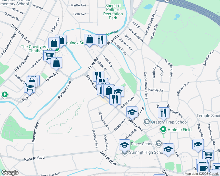 map of restaurants, bars, coffee shops, grocery stores, and more near 24 Aubrey Street in Summit
