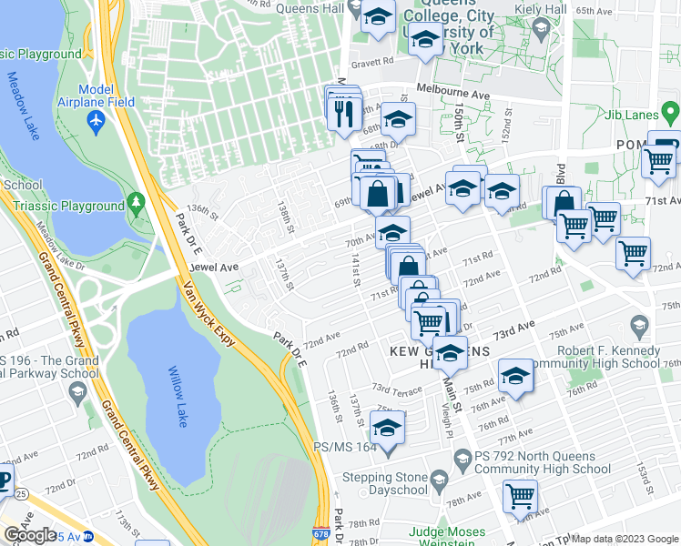 map of restaurants, bars, coffee shops, grocery stores, and more near 137-65 70th Road in Queens