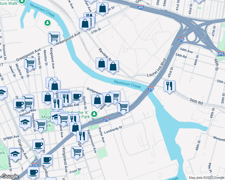 map of restaurants, bars, coffee shops, grocery stores, and more near 927 Meeker Avenue in Brooklyn