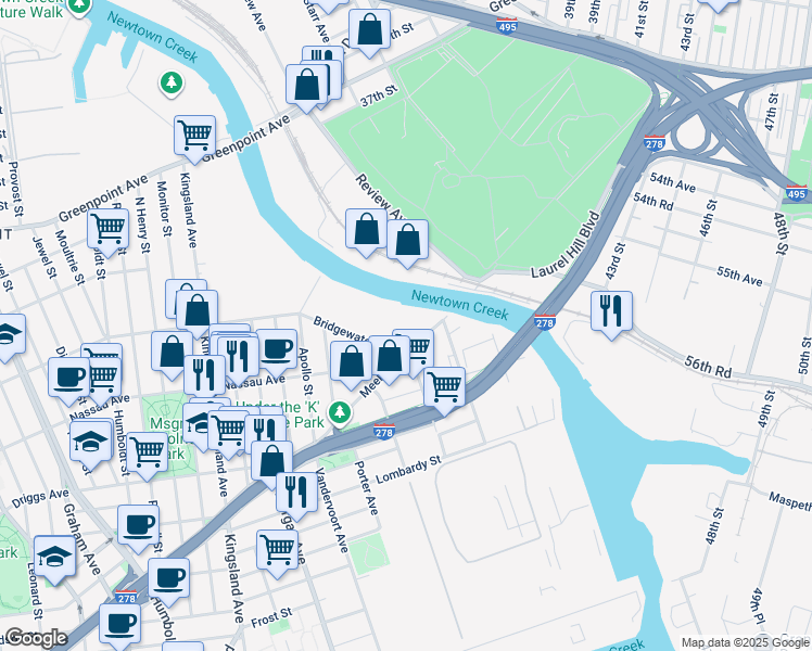 map of restaurants, bars, coffee shops, grocery stores, and more near 927 Meeker Avenue in Brooklyn