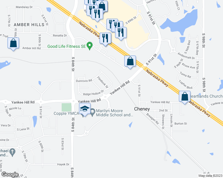 map of restaurants, bars, coffee shops, grocery stores, and more near 8775 Ridge Hollow Drive in Lincoln